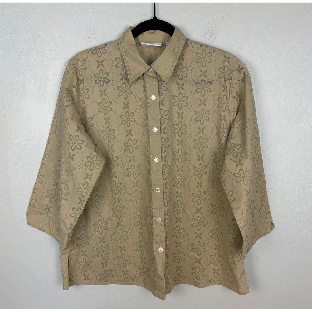 Liz Claiborne Tan Floral Button‎ Down Blouse Cottagecore Fairycore Size L Petite - Picture 2 of 7
